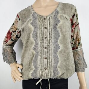 Gretty Zueger Boho Peasant Hippie Gray Green  Lace Floral Sleeves Top Sz M